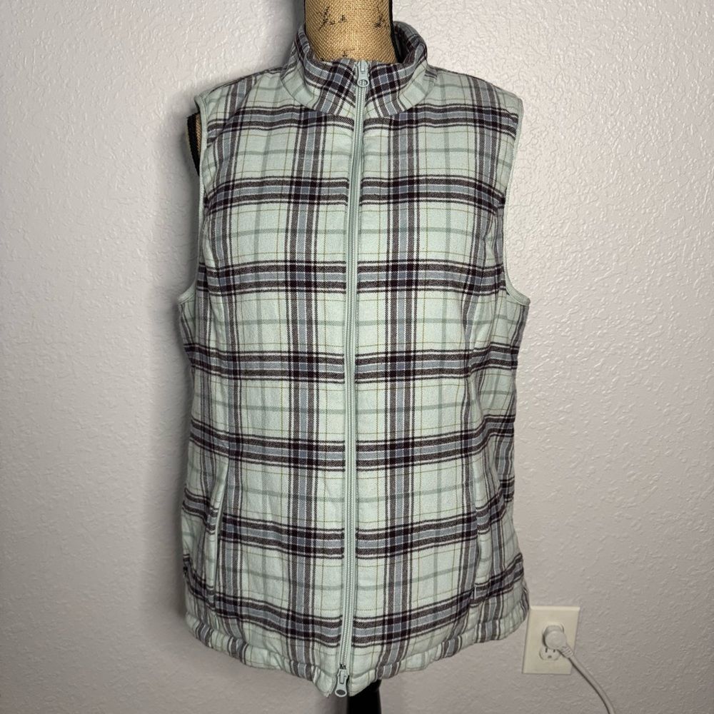 J Jill Blue Plaid Curved Hem Puffer Vest Size L Pockets Fleece Lined Cozy Preppy
